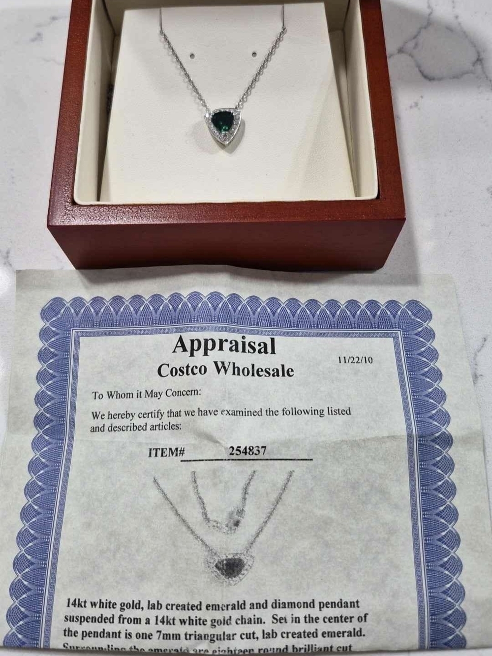 Emerald Triangle Halo Diamond Pendant Necklace With Appraisal 2010 - Picture 2 of 4